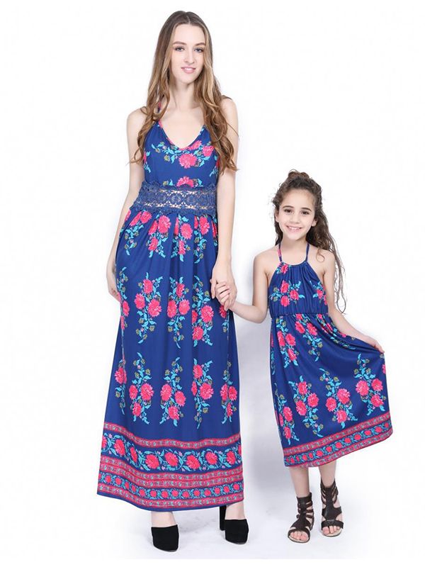 Mom＆Me Sleeveless Dress Floral Print Vest Backless Dress Family Outfits Long Skirt 