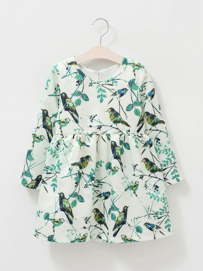 Wholesale Fall Flower Birds Print One Piece Dress Casua