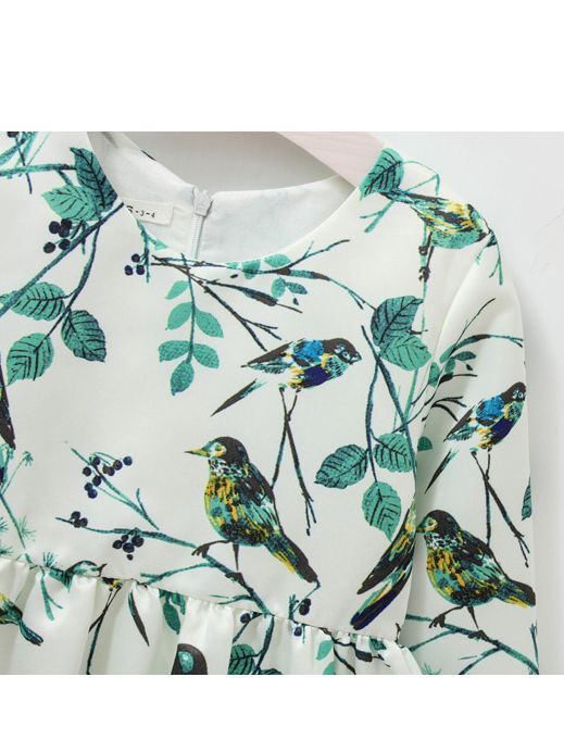 Wholesale Fall Flower Birds Print One Piece Dress Casua