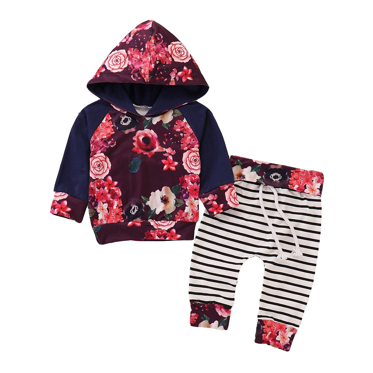 Baby Girl 2pcs Set Outfit Flower Print Hoodies with Pocket Top+Striped Long Pants