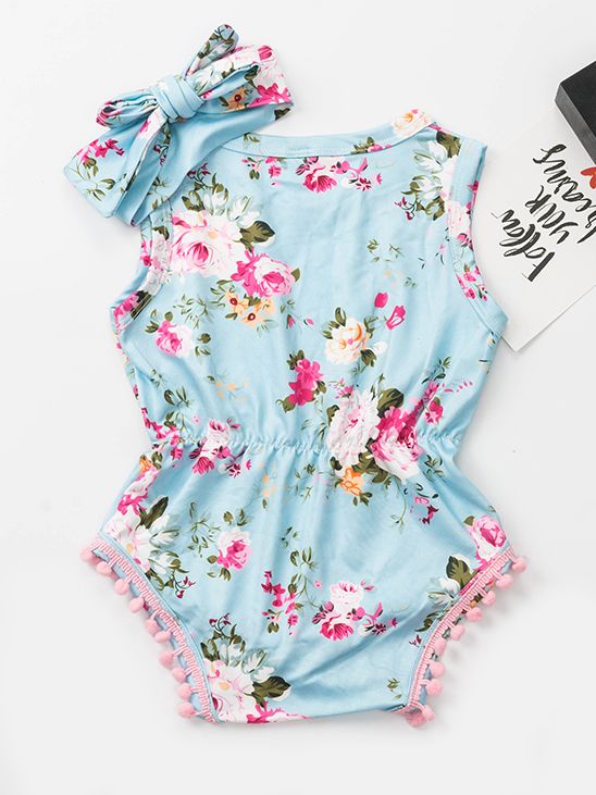 Wholesale Pom Pom Trimmed Sleeveless Floral Infant Ones