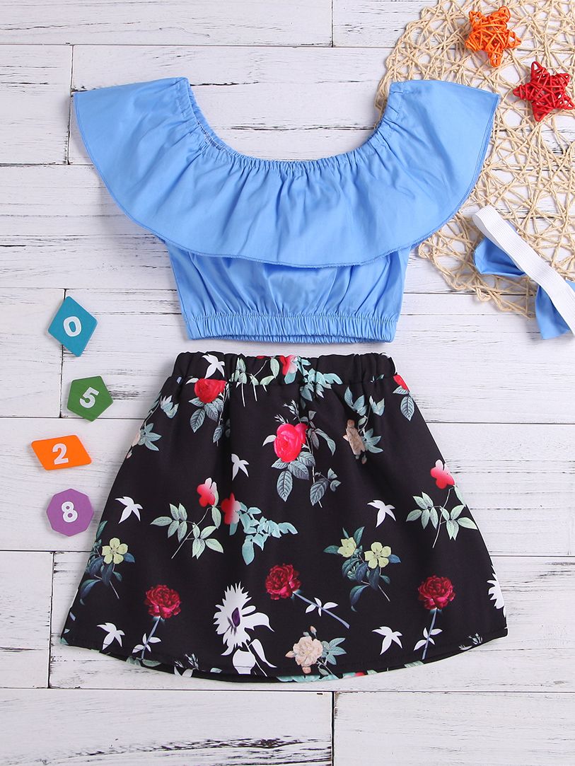 Ensemble Fille 2 Pièces (Haut à Volants + Jupe) - Bleu, Taille 6/7 Ans