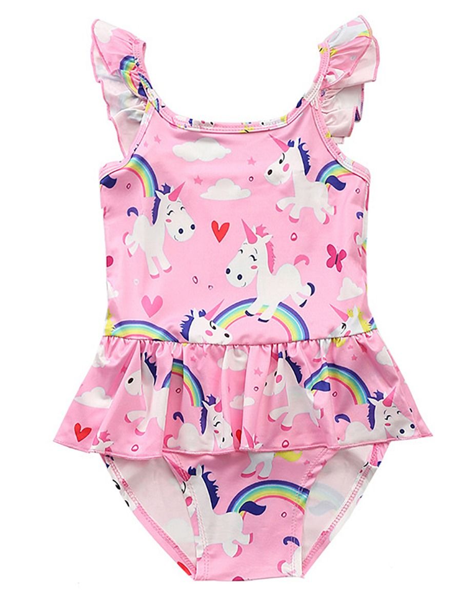 Kisskids Girls One-Piece Unicorn Swimsuit For Girls Flamingo Bathing Suits For Girls Rainbow Rash Guard 