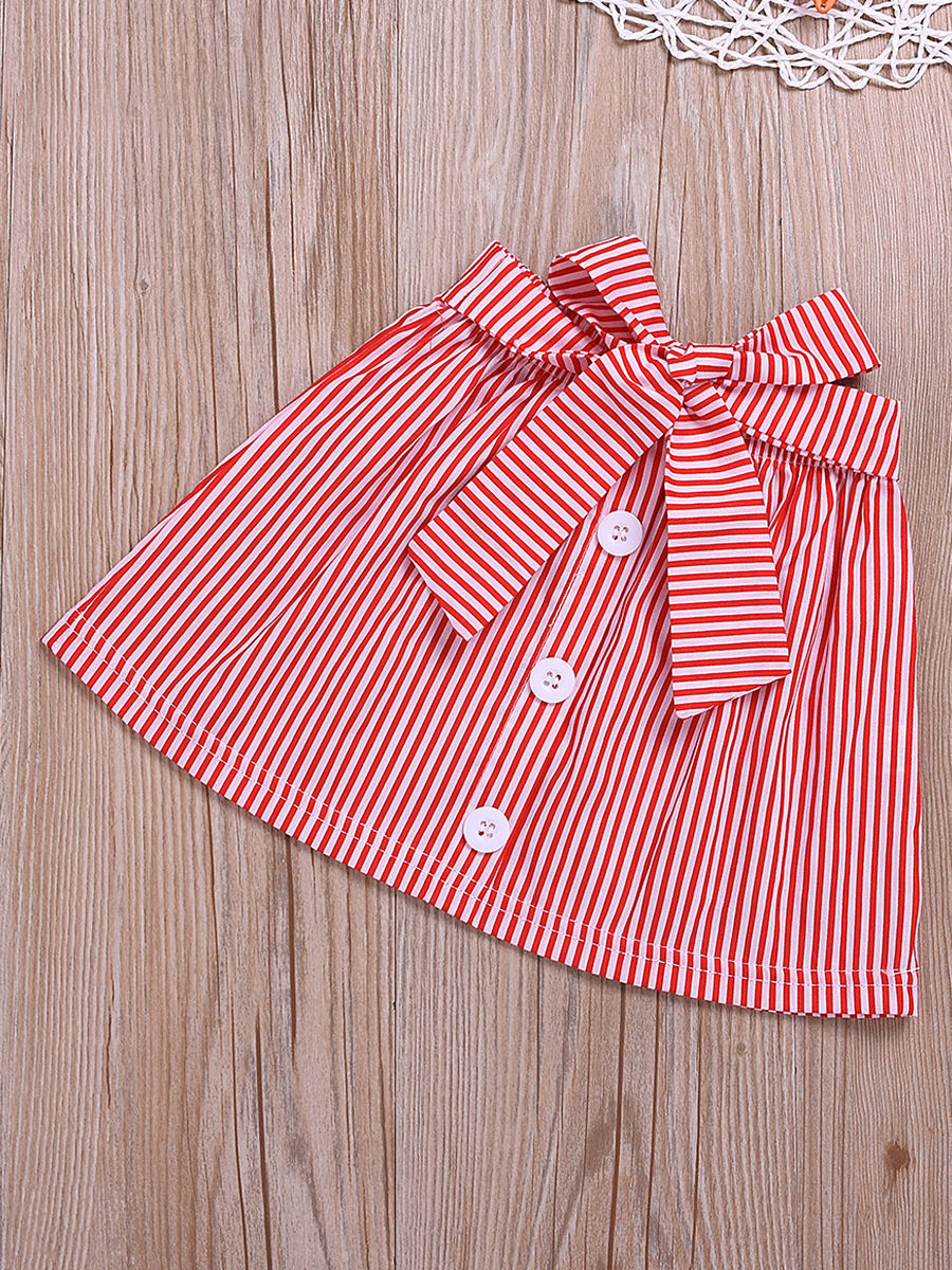Babyhug Cotton Knit Cap Sleeves Text Printed Top & Polka Dots Skirt With Suspender - White & Red main image 1