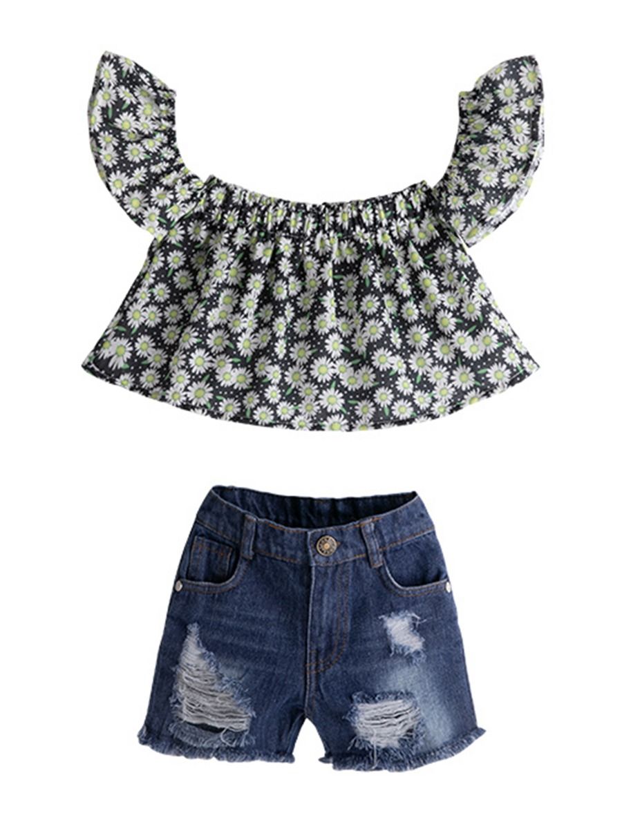 Kids Girl Denim Outfits Floral Sleeveless Backless Tank Top and Denim Shorts Pants Two-Pieces Sets