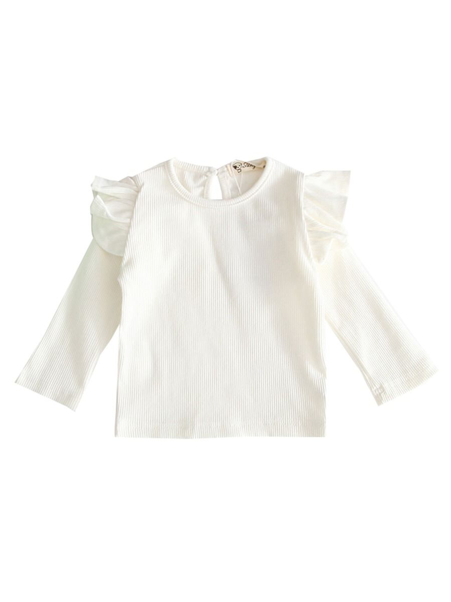 Wholesale Fall Baby Girl Flutter Sleeve Ribbed White T-