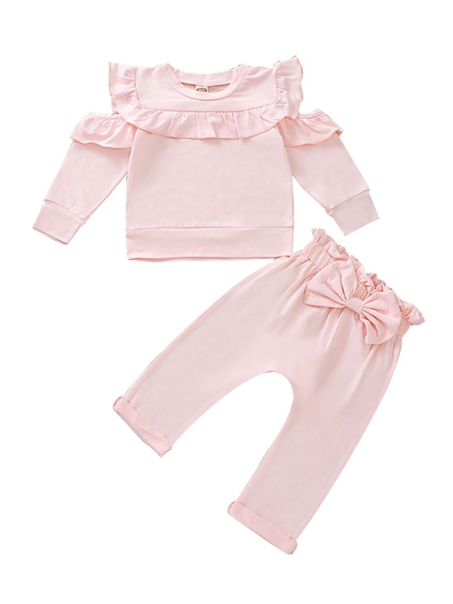 Wholesale 2piece Baby Girl Pink Ruffle Set Top+Bow Pan