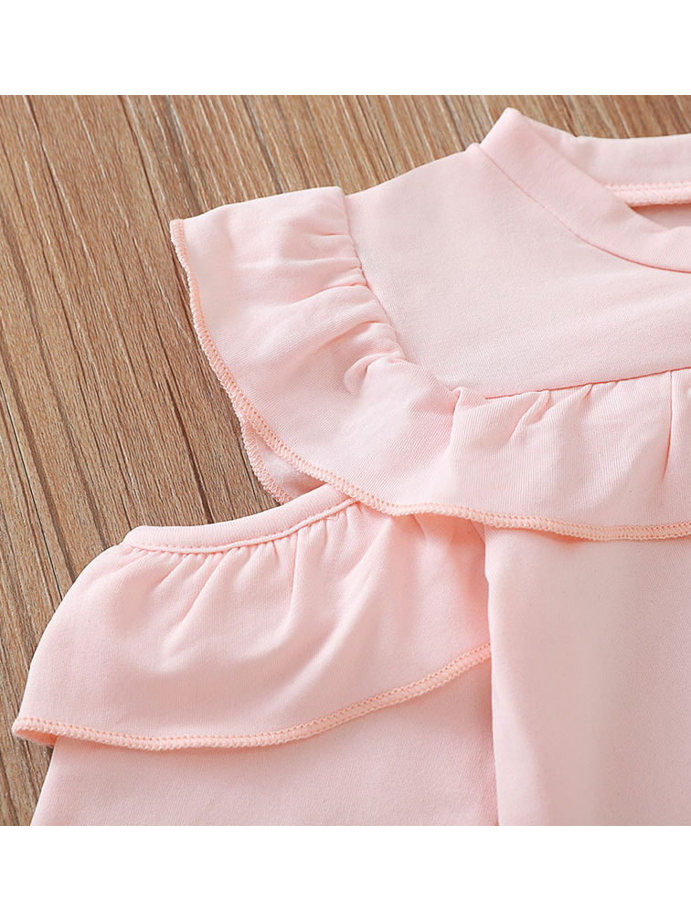 Wholesale 2piece Baby Girl Pink Ruffle Set Top+Bow Pan