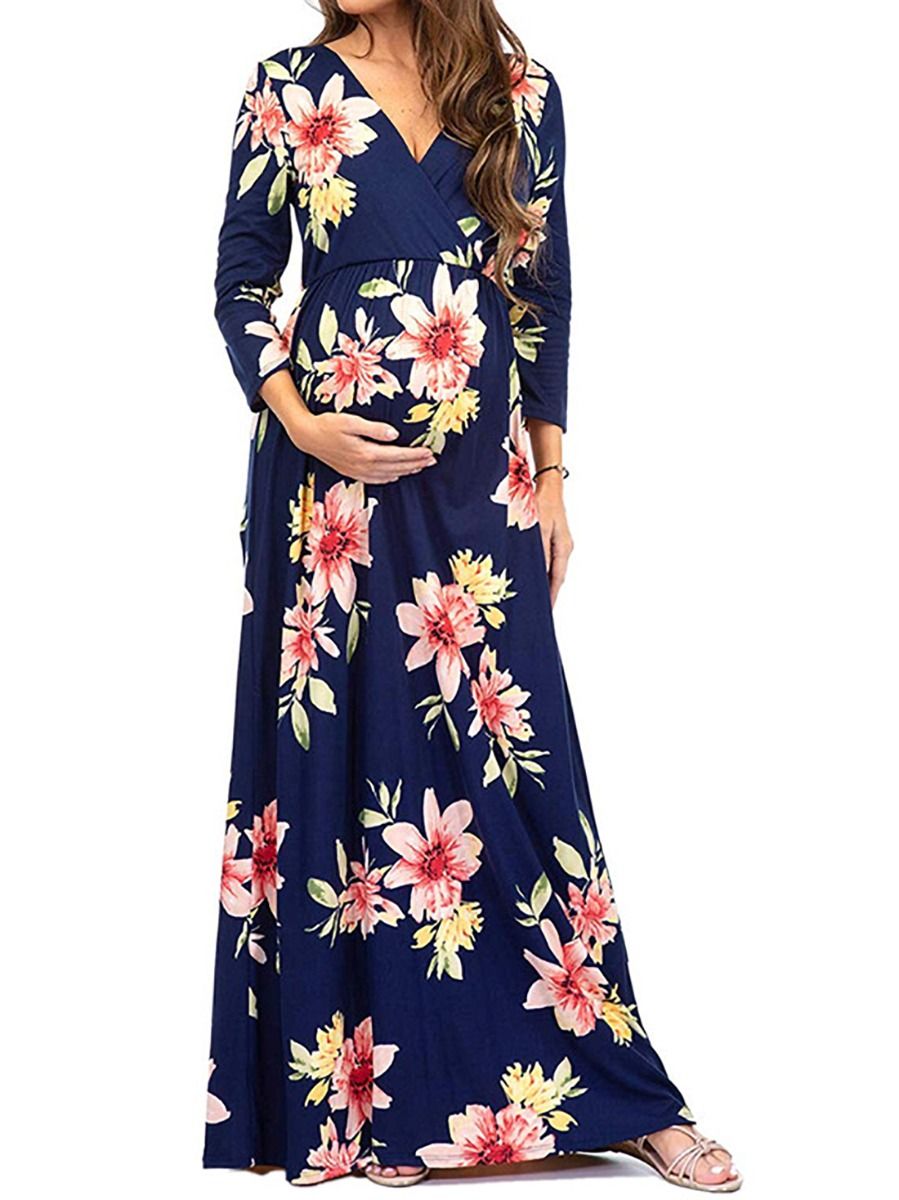 Wholesale Summer Flower V Collar Maternity Dress 200109