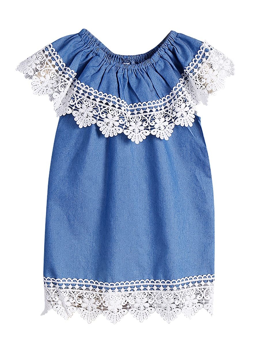 Wholesale Baby Little Girl Lace Trim Off Shoulder Blue