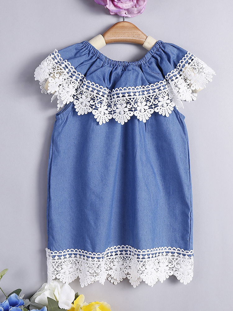 Wholesale Baby Little Girl Lace Trim Off Shoulder Blue