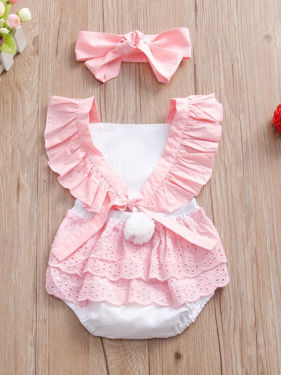 Wholesale Cute Baby Girl White & Pink Eyelet Ruffle Bod