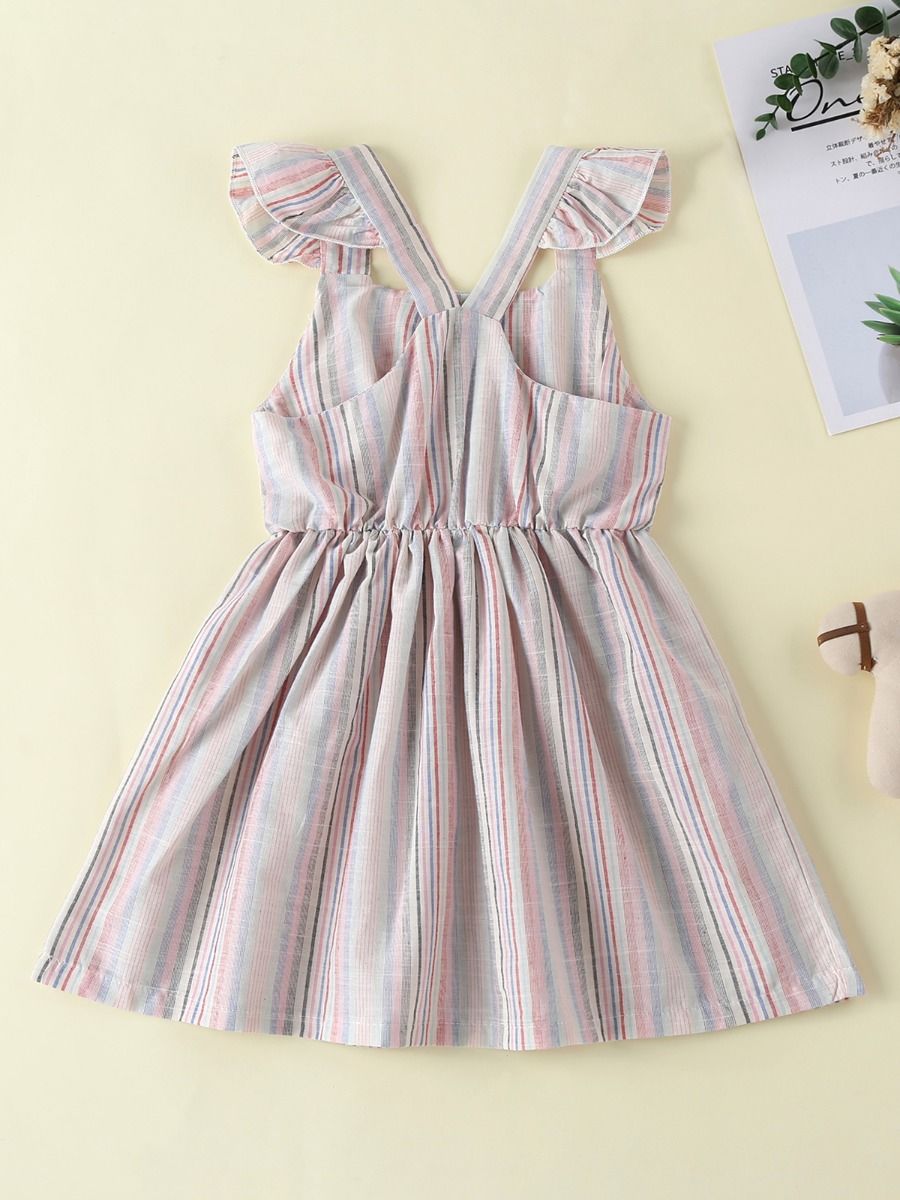 Wholesale Little Girl Flutter-sleeve Button Stripe Dres
