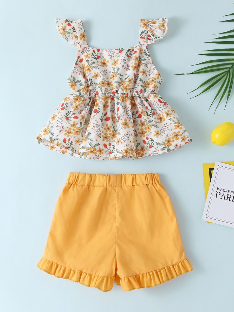 Wholesale 2-Piece Little Girl Floral Bow Top and Yellow