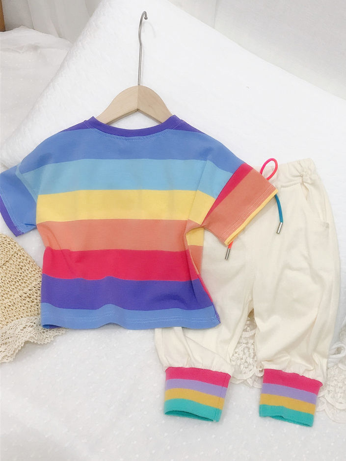Wholesale 2Piece Little Girl Rainbow Color Tshirt and