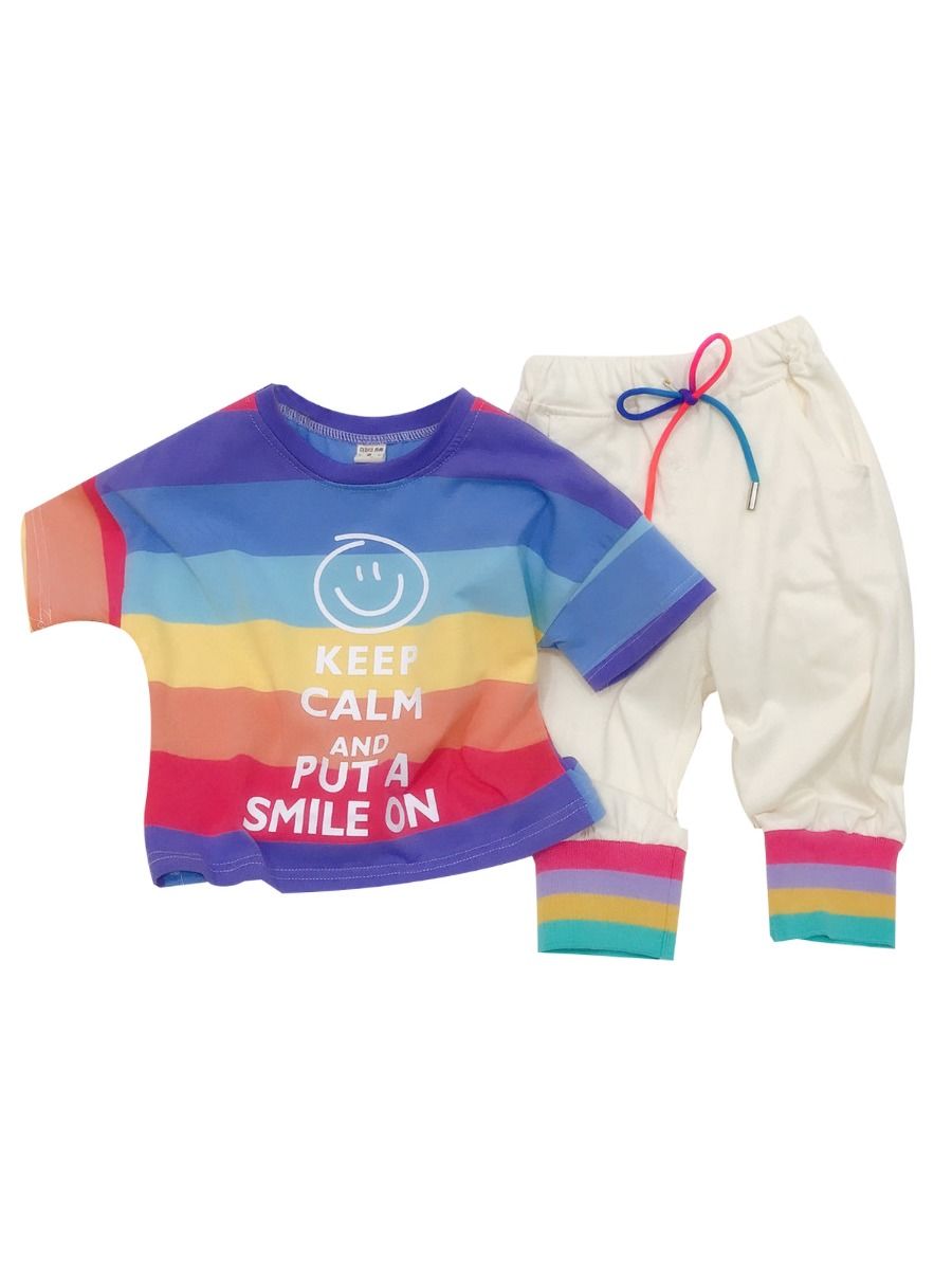 Wholesale 2Piece Little Girl Rainbow Color Tshirt and