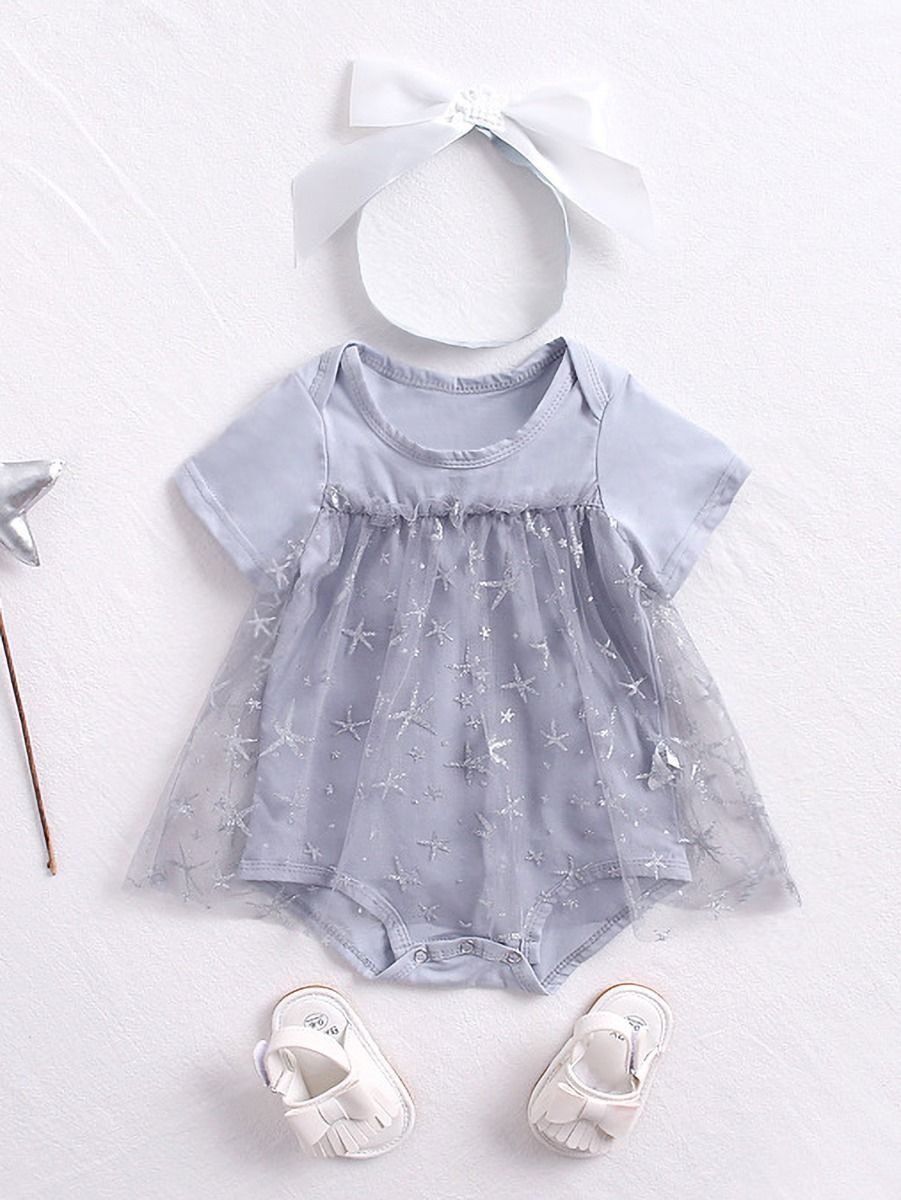 Baby Girl Mesh Patchwork Design Solid Color Princess Style bodysuit Bodysuit