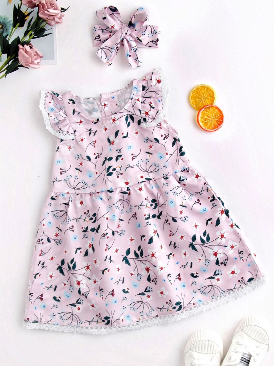 Wholesale 2Piece Baby Girl Floral Lace Trim Dress Matc