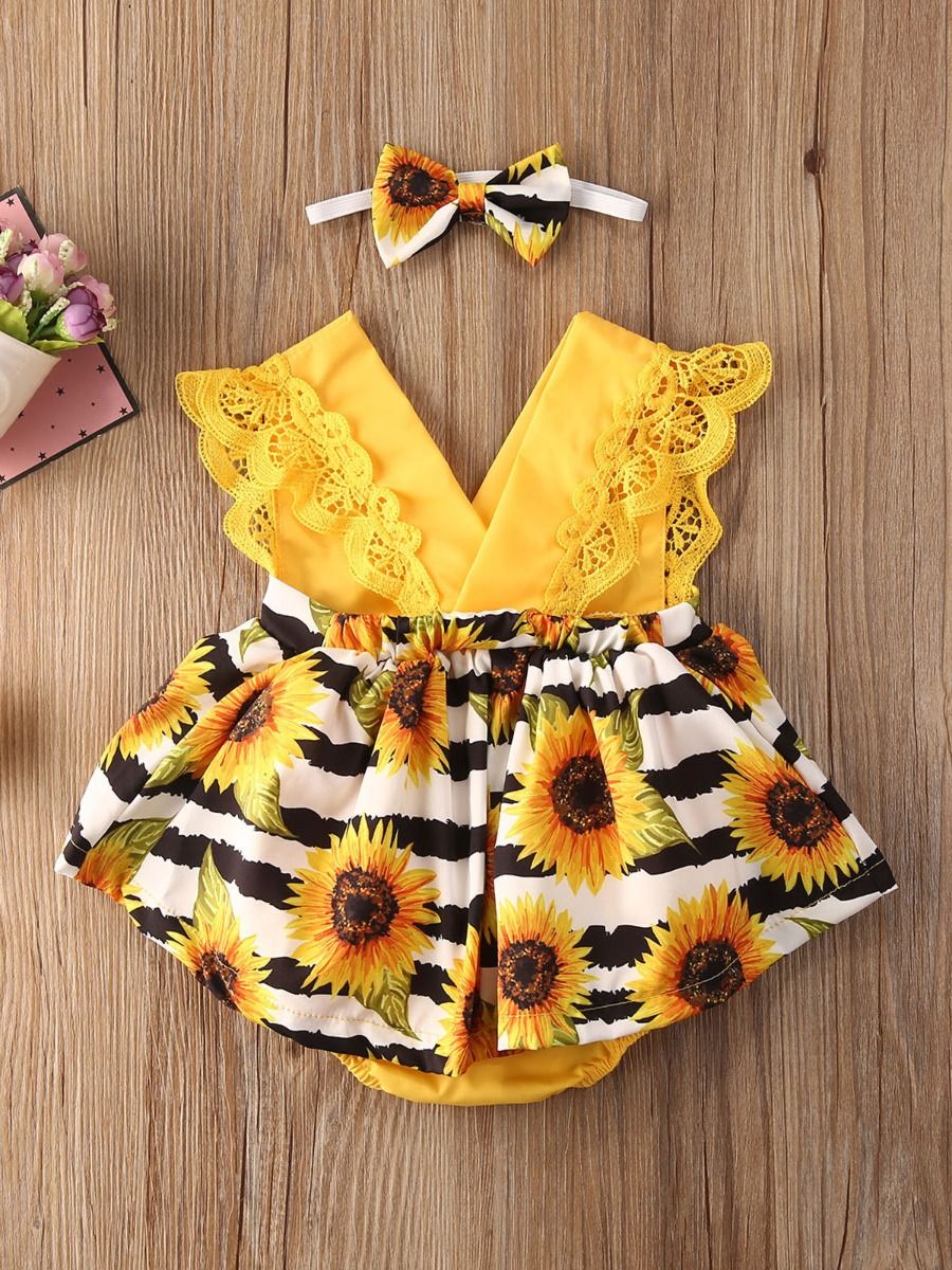 Wholesale 2Piece Baby Girl Sunflower Yellow Bodysuit D