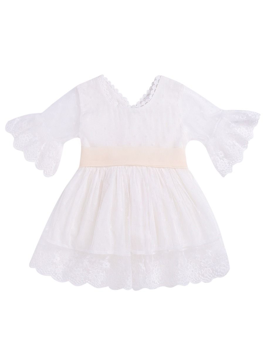 Wholesale Little Girl Semi Sheer Flare Sleeve Lace Dres