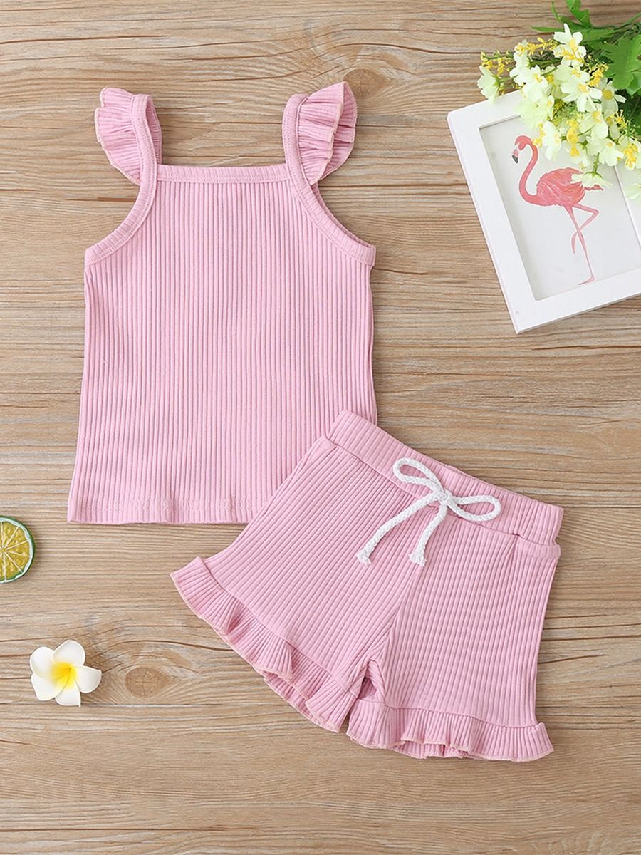 Wholesale Two Piece Little Girl Ribbed Top+ Shorts Clot