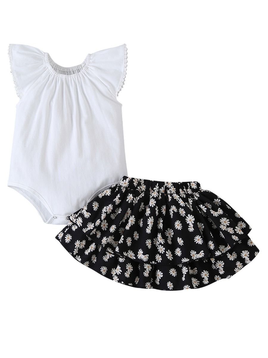 Wholesale 2-Piece Little Girl White Bodysuit And Daisy