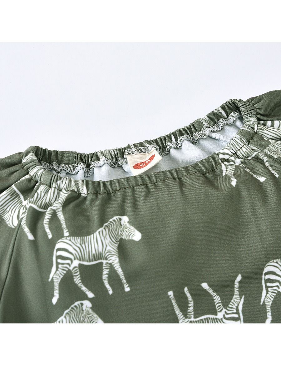Wholesale 2 Pcs Baby Girl Zebra Printed Army Green Set