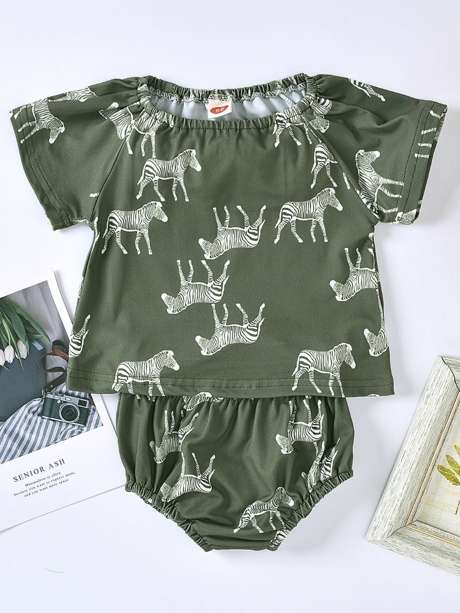 Wholesale 2 Pcs Baby Girl Zebra Printed Army Green Set