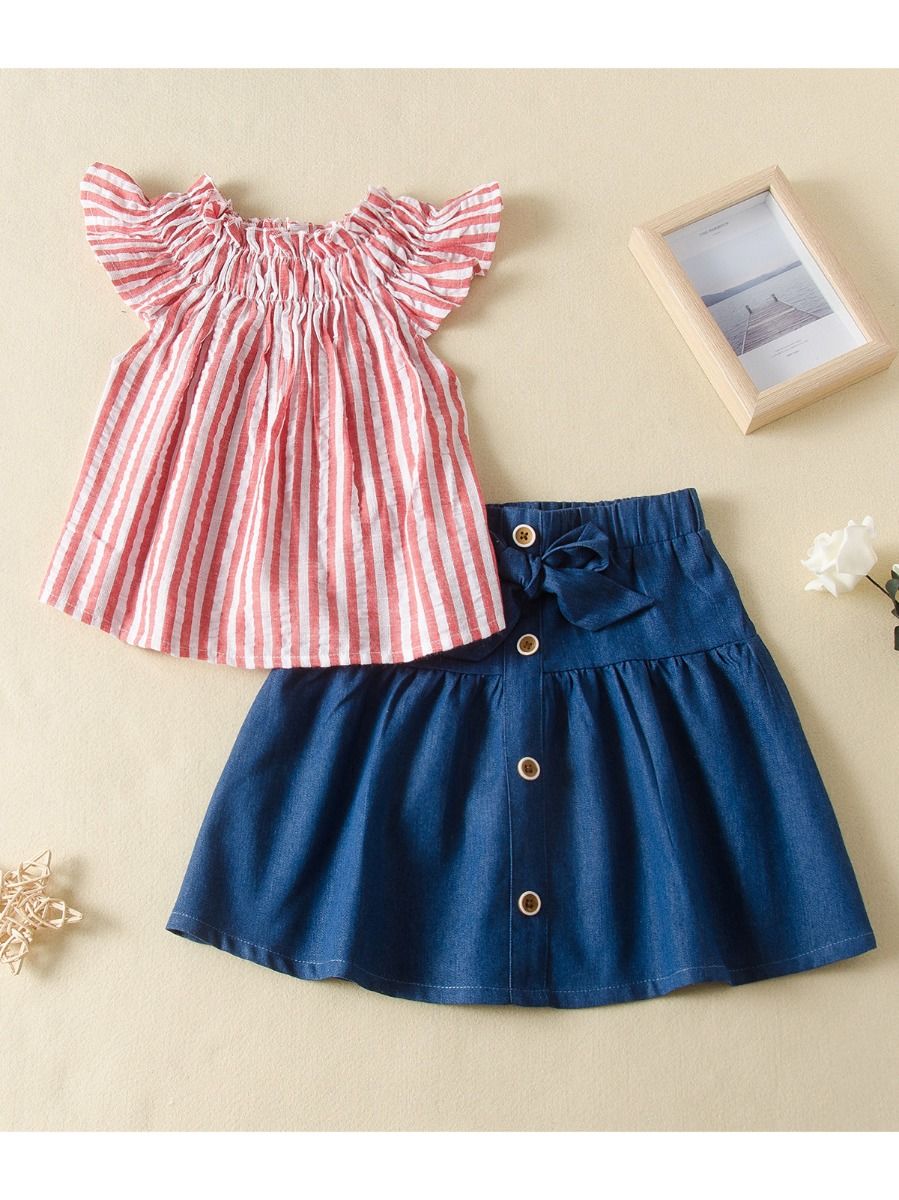 Wholesale 2 Pieces kid Girl Stripe Set Top And Bowknot