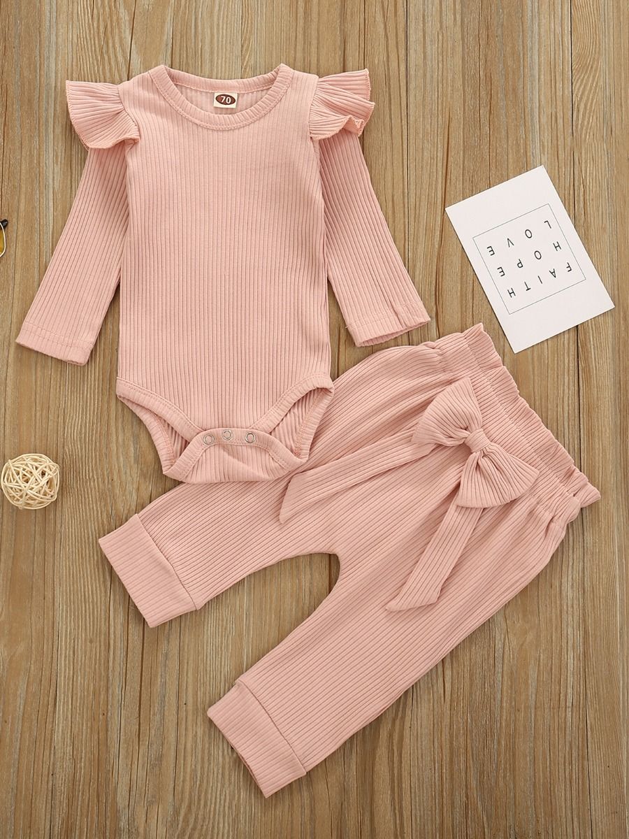 Baby Girl Solid Color Lettuce Trim Design Long Sleeve Bodysuit
