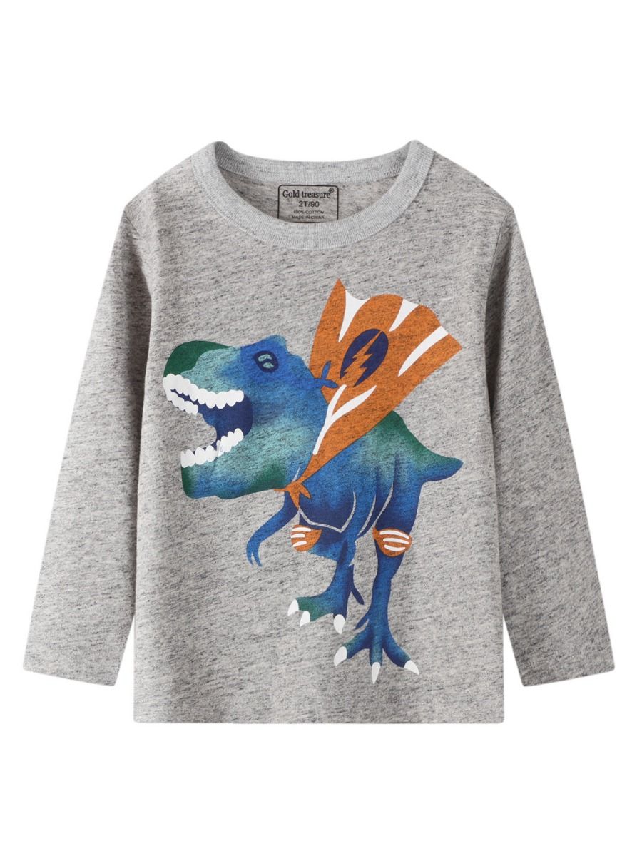 Wholesale Little Boy Dinosaur Print Long Sleeve Gray T-
