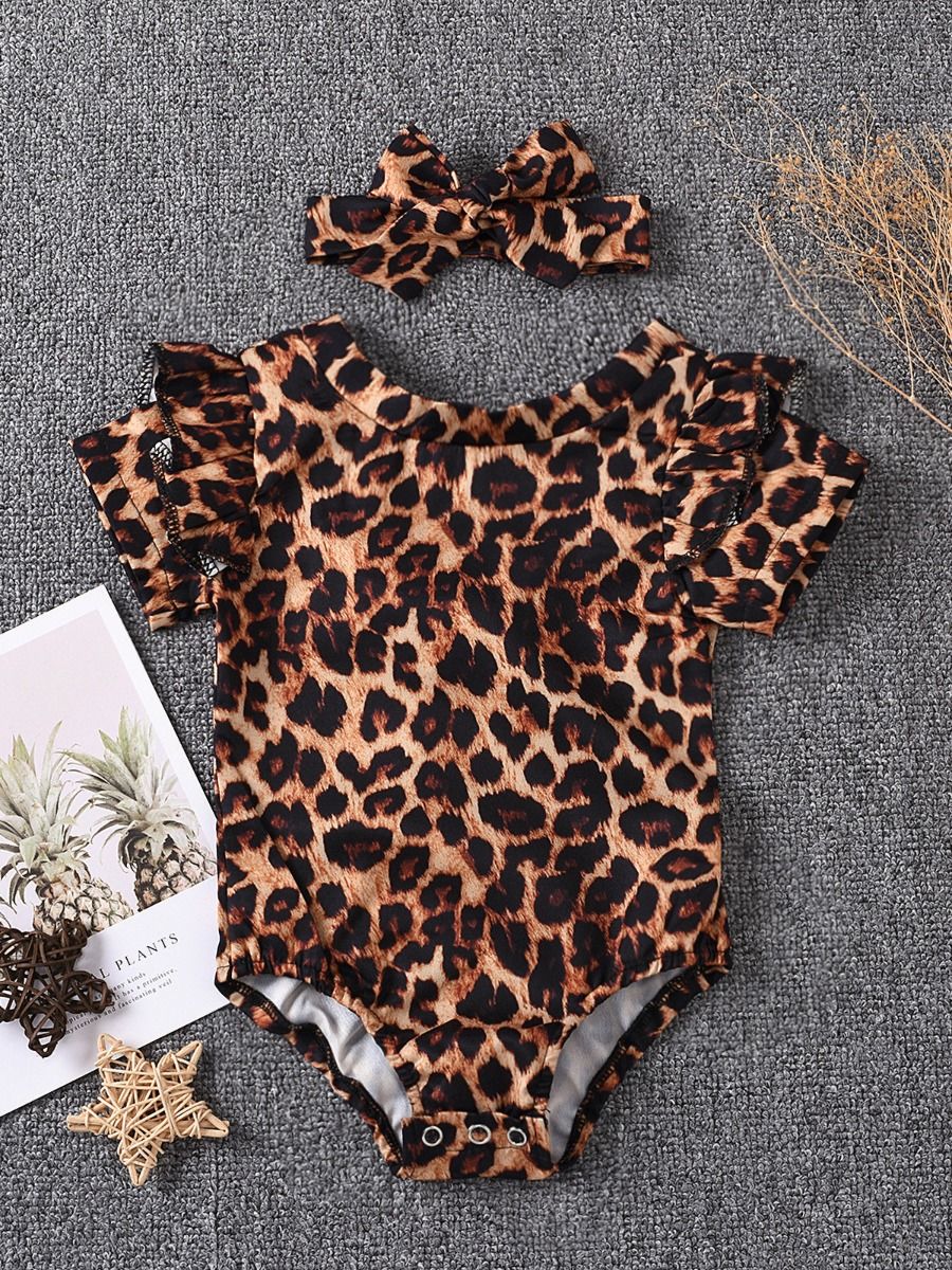 Wholesale 2 Pieces Baby Girl Leopard Print Flutter Slee