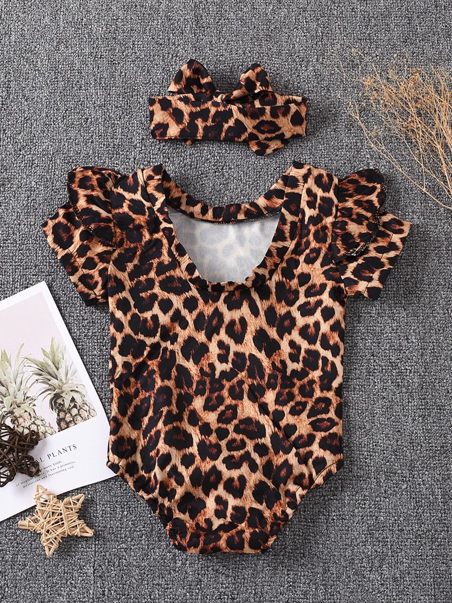 Wholesale 2 Pieces Baby Girl Leopard Print Flutter Slee