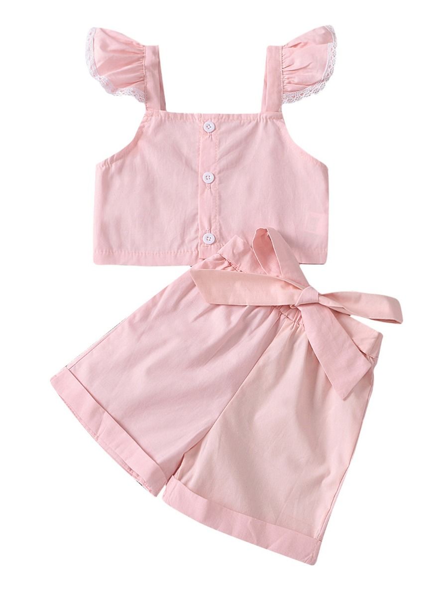Wholesale 2 Pieces Little Girl Solid Color Set Flutter