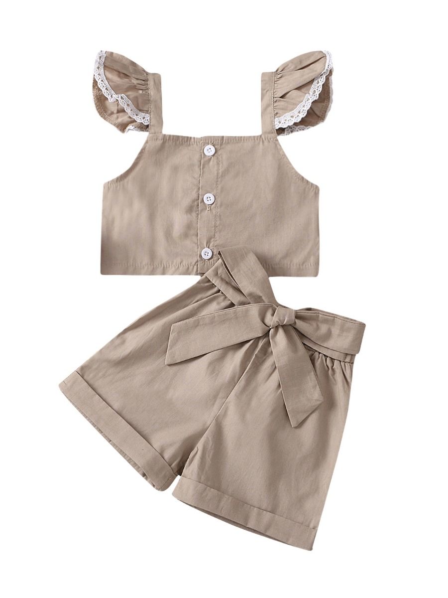 Wholesale 2 Pieces Little Girl Solid Color Set Flutter