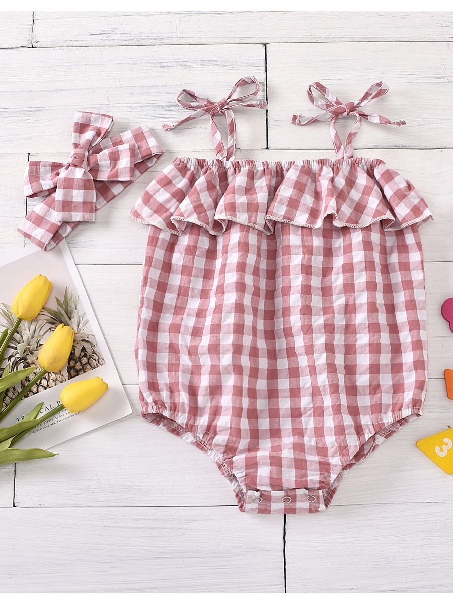 Baby Girl Plaid Pattern Doll Collar Design Long Sleeve bodysuit With Buttons