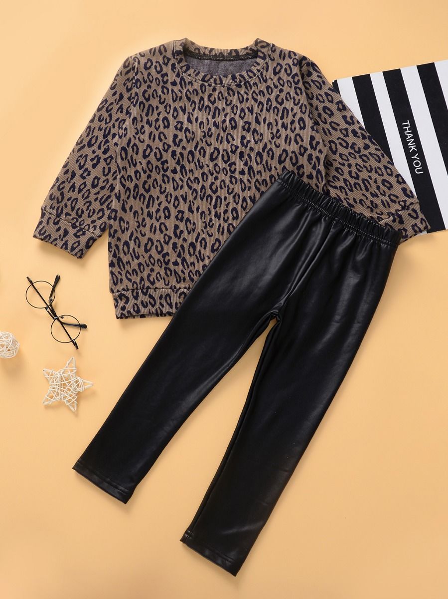 Wholesale 2 Pieces Little Girl Leopard Print Top Matchi
