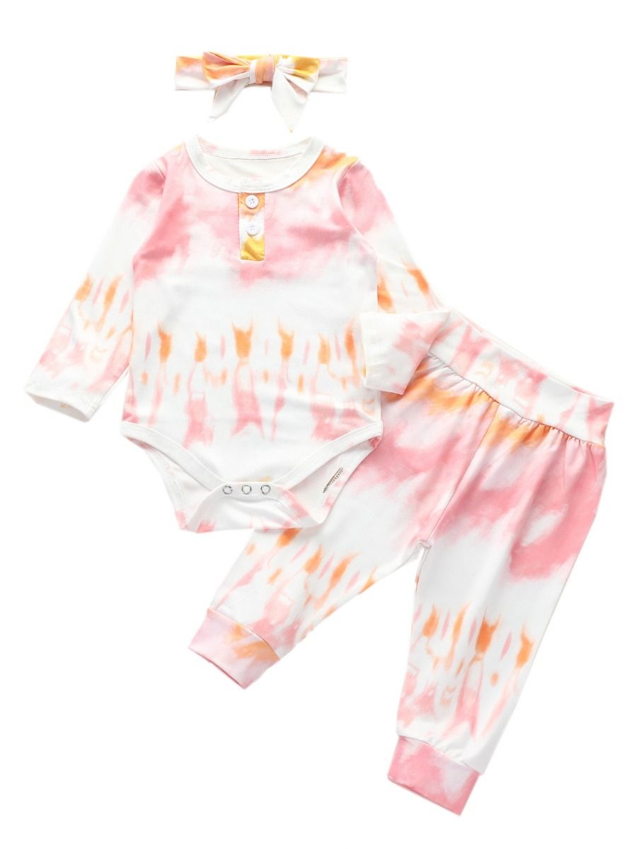 Wholesale 3 Pieces Baby Girl Tie Dye Casual Set Bodysui