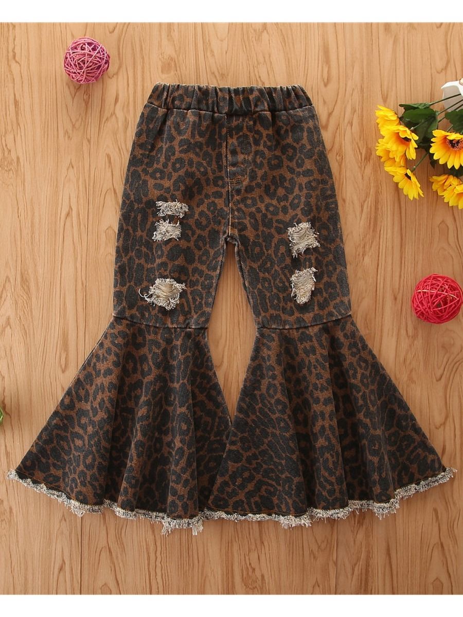 Wholesale Little Girl Leopard Print Ripped Flared Pants