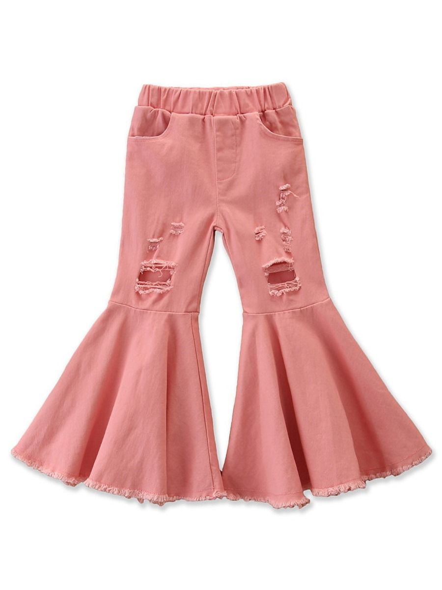 Wholesale Little Girl Denim Fringed Hem Flared Pants 20