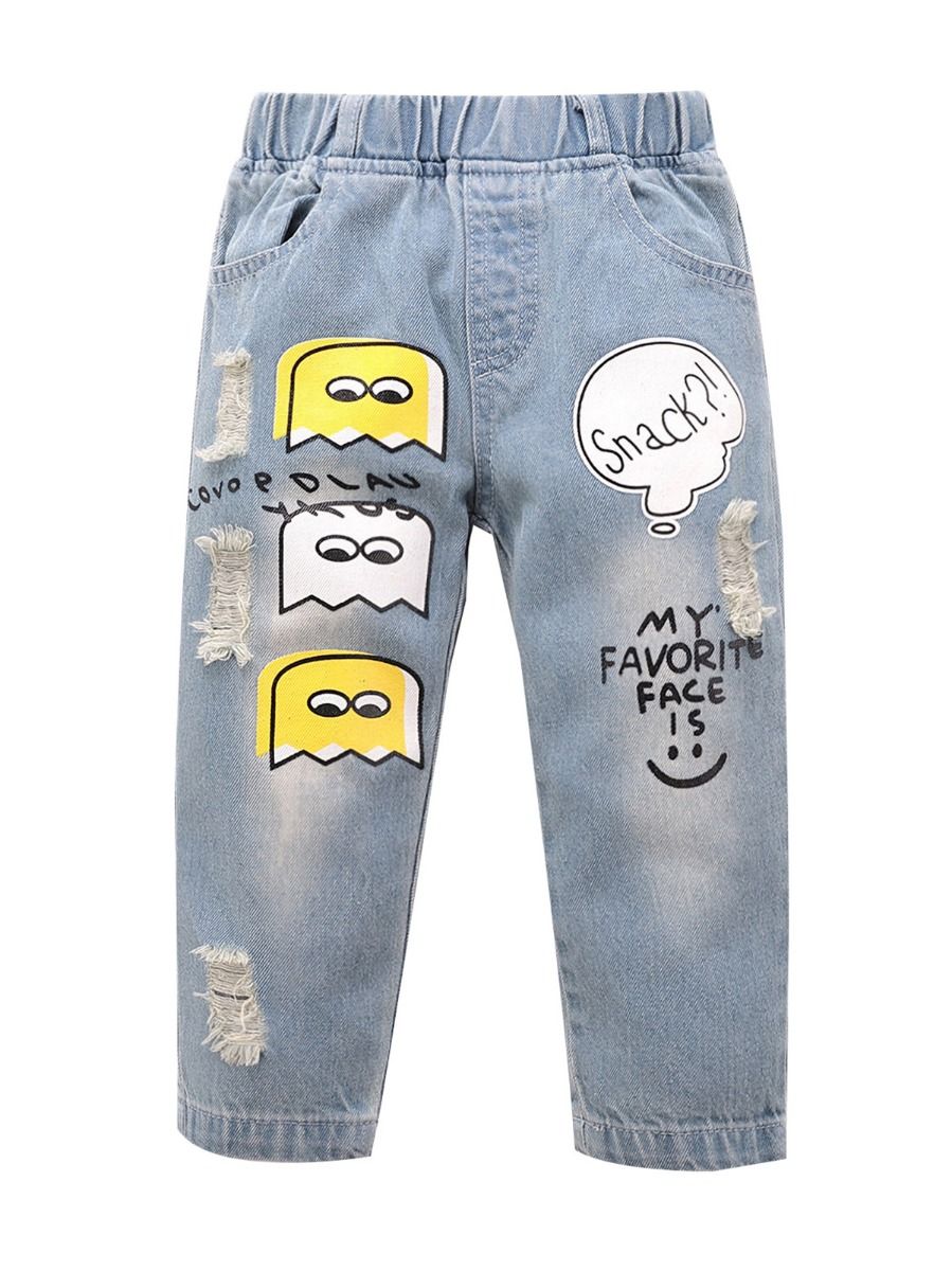 Wholesale Kid Cartoon Letter Print Ripped Jeans 2008059