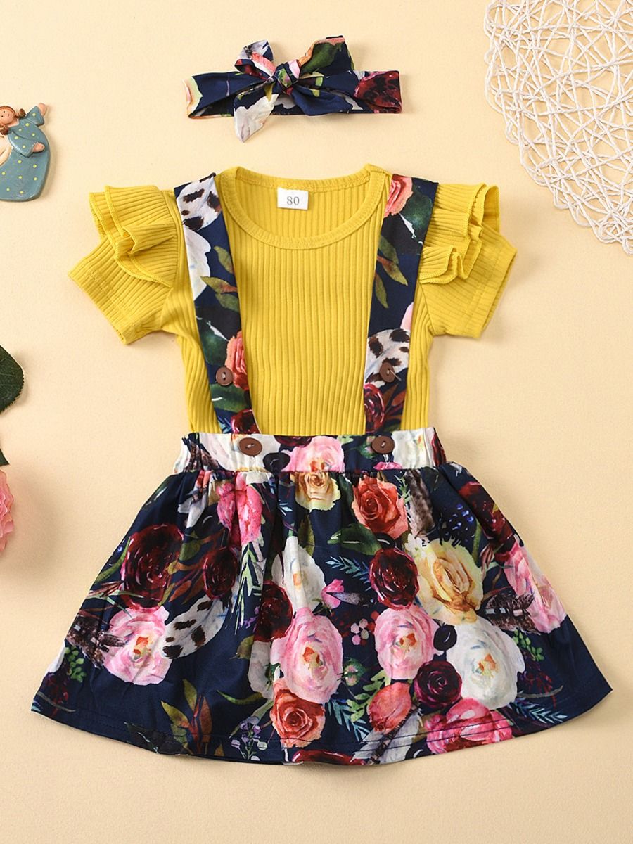Wholesale 3 Pieces Baby Girl Ribbed Set Yellow Top & Su