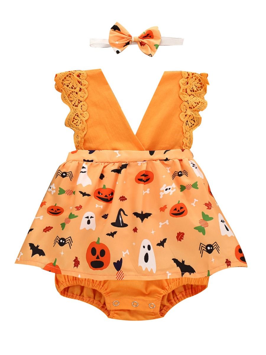Kiskissing 2 Pieces Baby Girl Halloween Pumpkin Lace Dress Bodysuit