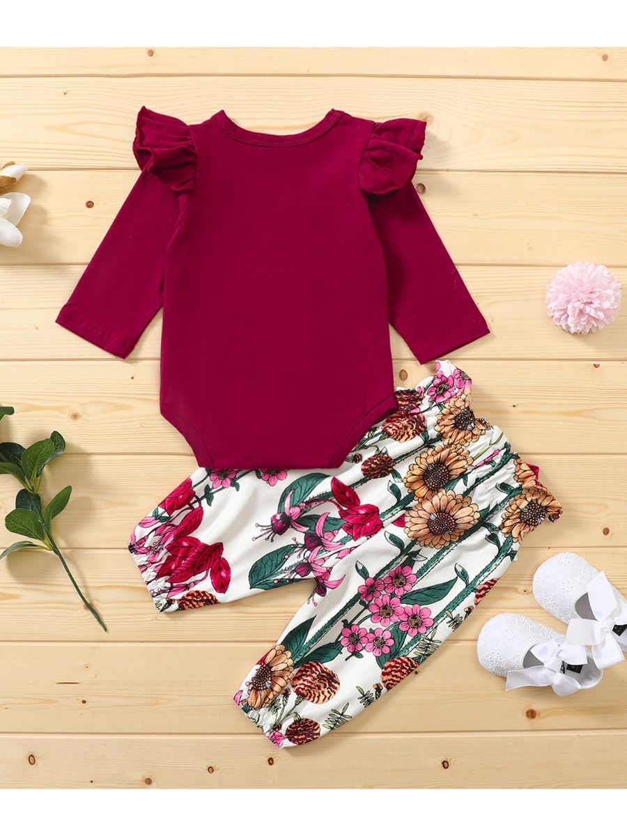 Baby Girl Floral Print Lace Design Tops Combo One-Pieces Solid Pants  Sets