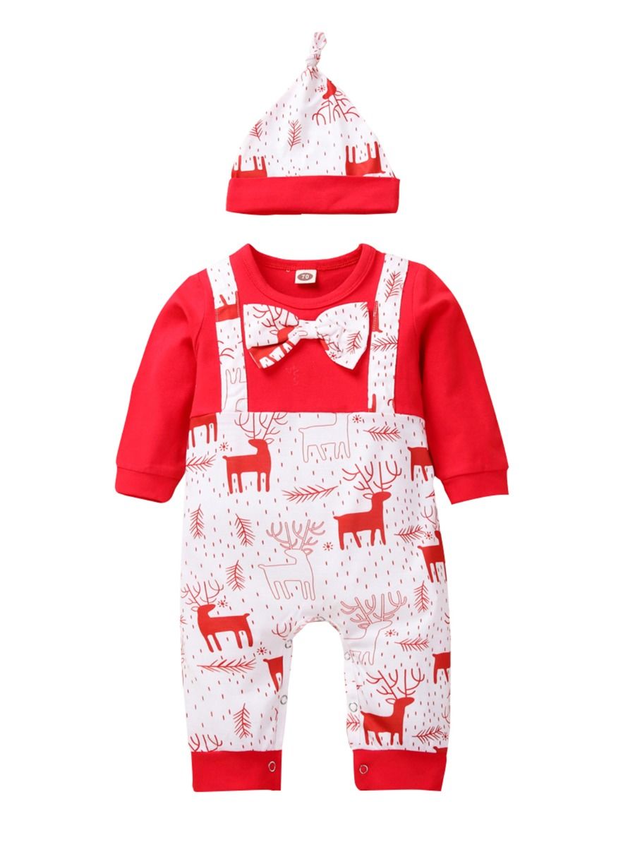 Kiskissing 2 Pieces Baby Christmas Bow Deer Jumpsuit With Hat Wholesale