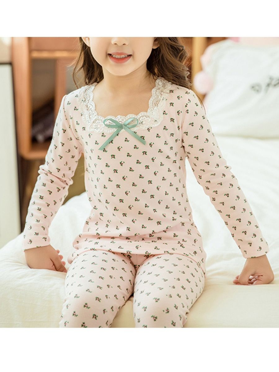 Wholesale 2 Pieces Kid Girl Pajamas Set Lace Square Nec