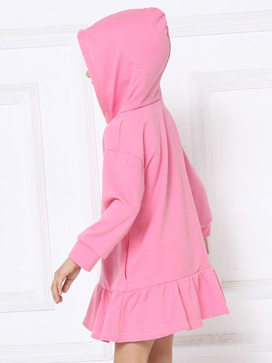 Wholesale Kid Girl Solid Color Ruffle Hem Hoodie Dress