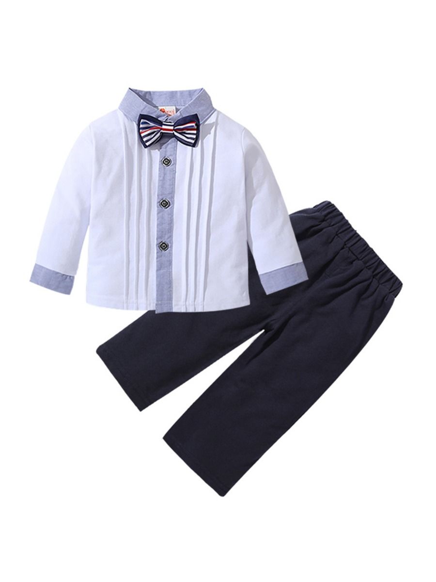 Wholesale 2 Pieces Little Boy Outfit Bowtie Pleated Shi