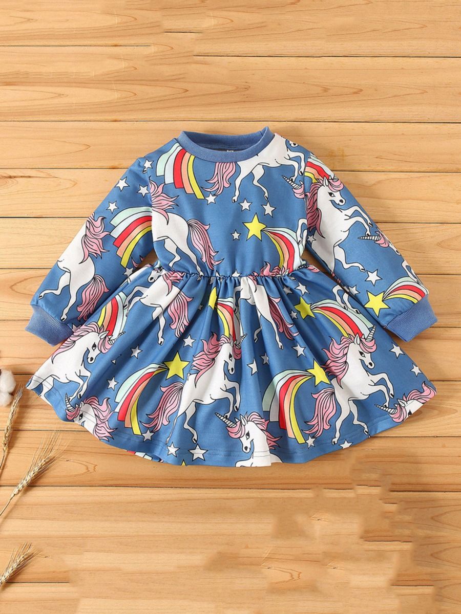 Wholesale Kid Girl Unicorn Print Blue Dress 201023738