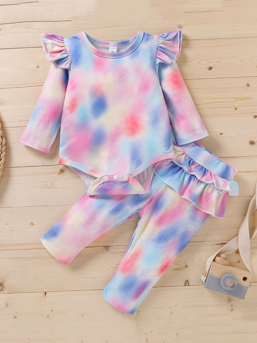 Wholesale 2 Pieces Baby Girl Tie Dye Set Flutter Sleeve